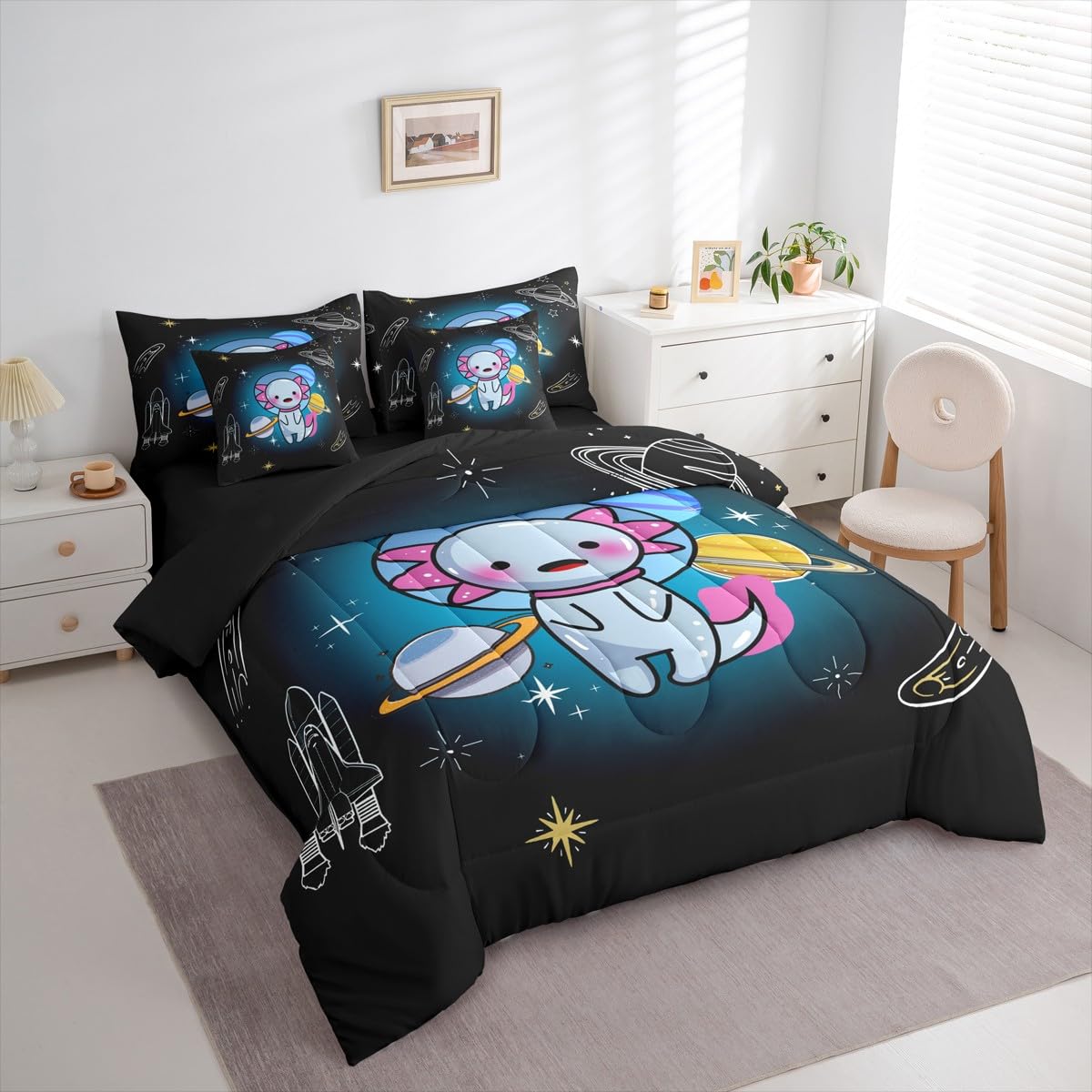 Erosebridal Space 7 Piece Bedding Set King Salamander Comforter Set with Sheets Axolotl Planet Rocket Meteor Helmet Bed in a Bag Stars Print Cute Cartoon Animal for Kids Boys Girls