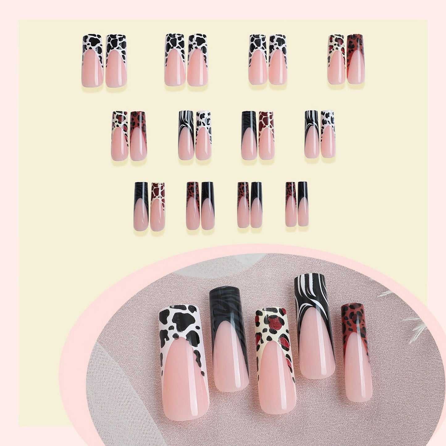 MISUD Press on Nails - Long Square Fake Nails with French Tip, Acrylic Cheetah Cow Print Design 24 pcs