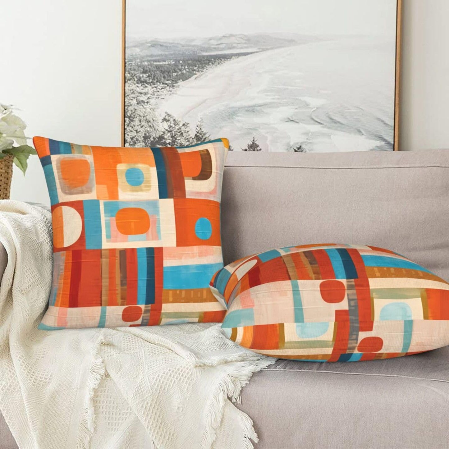 Yopiiefa Blue and White Blocks Throw Pillow Covers Orange Decorative Boho Mid Century Pillow Cases 18x18 Set of 2 Modern Pillowcase Outdoor Cushion Cover for Home Couch Sofa