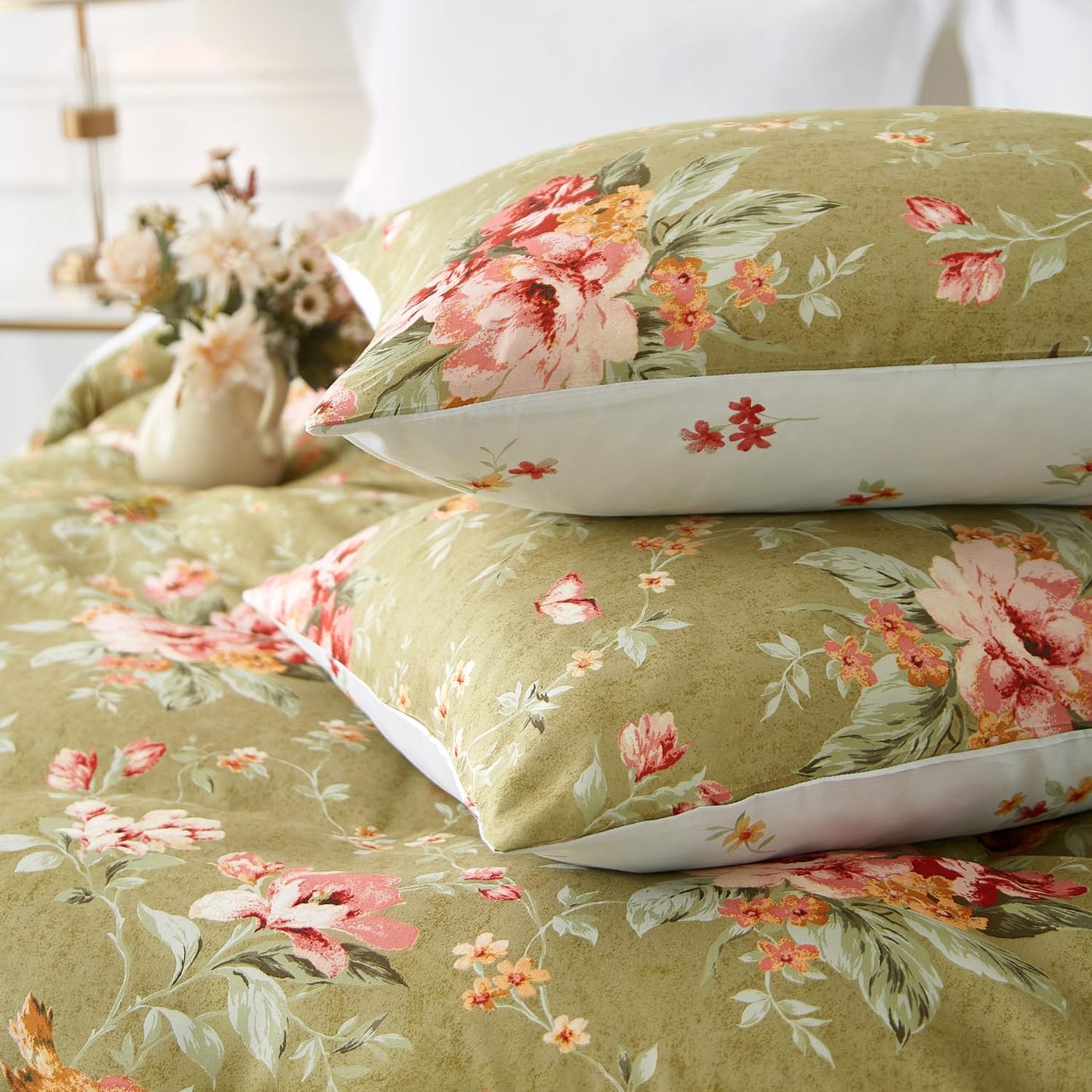 mixinni Duvet Cover King Size, Long Staple Cotton Reversible Green Floral Duvet Cover Set with Zipper Ties, 3 Pieces Botanical Pink Flowers and Green Branches Patterns Bedding Set