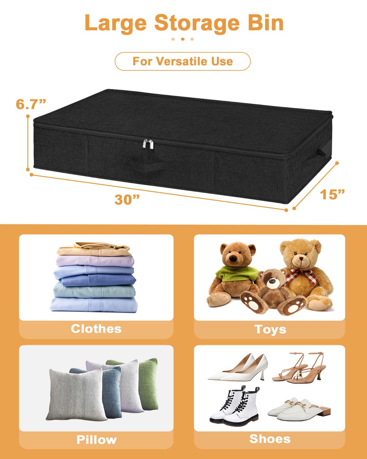 Under Bed Storage Container, 3 Pack Underbed Storage Bags With Lid, Foldable Sturdy Clothes Storage Organizer W/ 3 Handles, Ultra Thick Fabric Blanket Shoe Storage Box, 30x15x6.7inch, Black, 50L
