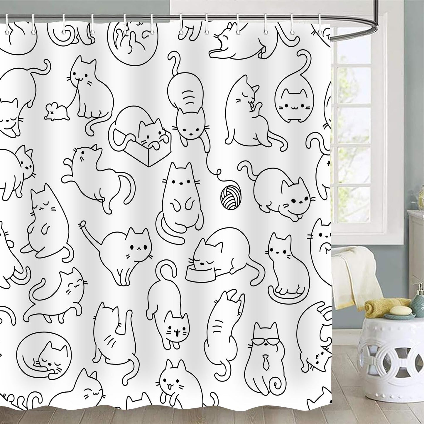 Emwnodti Cat Shower Curtain, Black and White Cute Cats Funny Bath Curtain Decor, Cute Shower Curtian for Kid, Polyester Fabric Waterproof Durable Bathroom Accessories Set with 12 Hooks 72x72 in