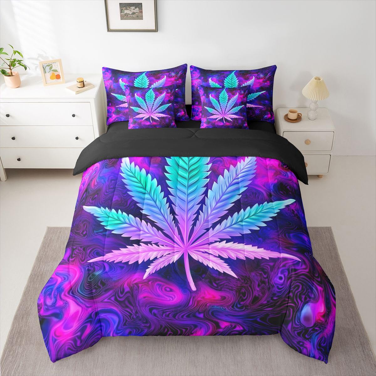Erosebridal Purple Black Queen Size Comforter Set,Hippie Leaf 7-Piece Bed in A Bag,Leaves Galaxy Sheets and Pillowcases,Botanical Weed Bedding Set Room Decor