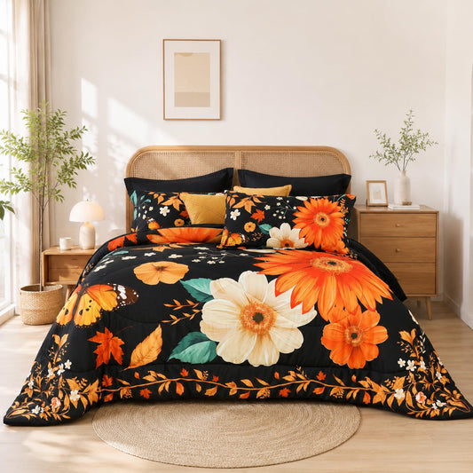 KOTTOMFY Extra Fluffy All Season Comforter Set, Floral 7 Piece Bed in a Bag Queen Size for Bedroom Guest Room Dorm Apartment