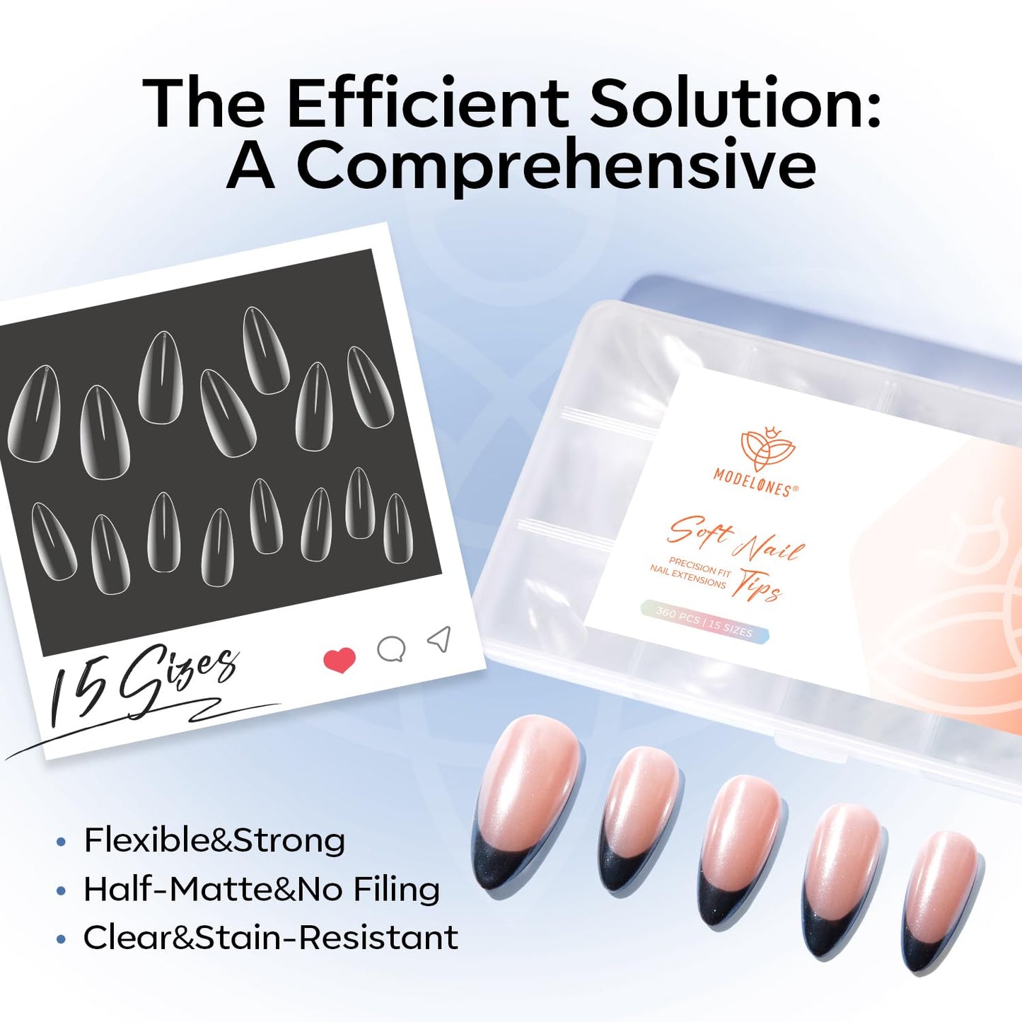 modelones Medium Almond Gel Nail Tips, 360pcs Pre-shaped Clear Fake Nails Press On Full Cover 15 Sizes Acrylic Gel Tips for Extension Salon