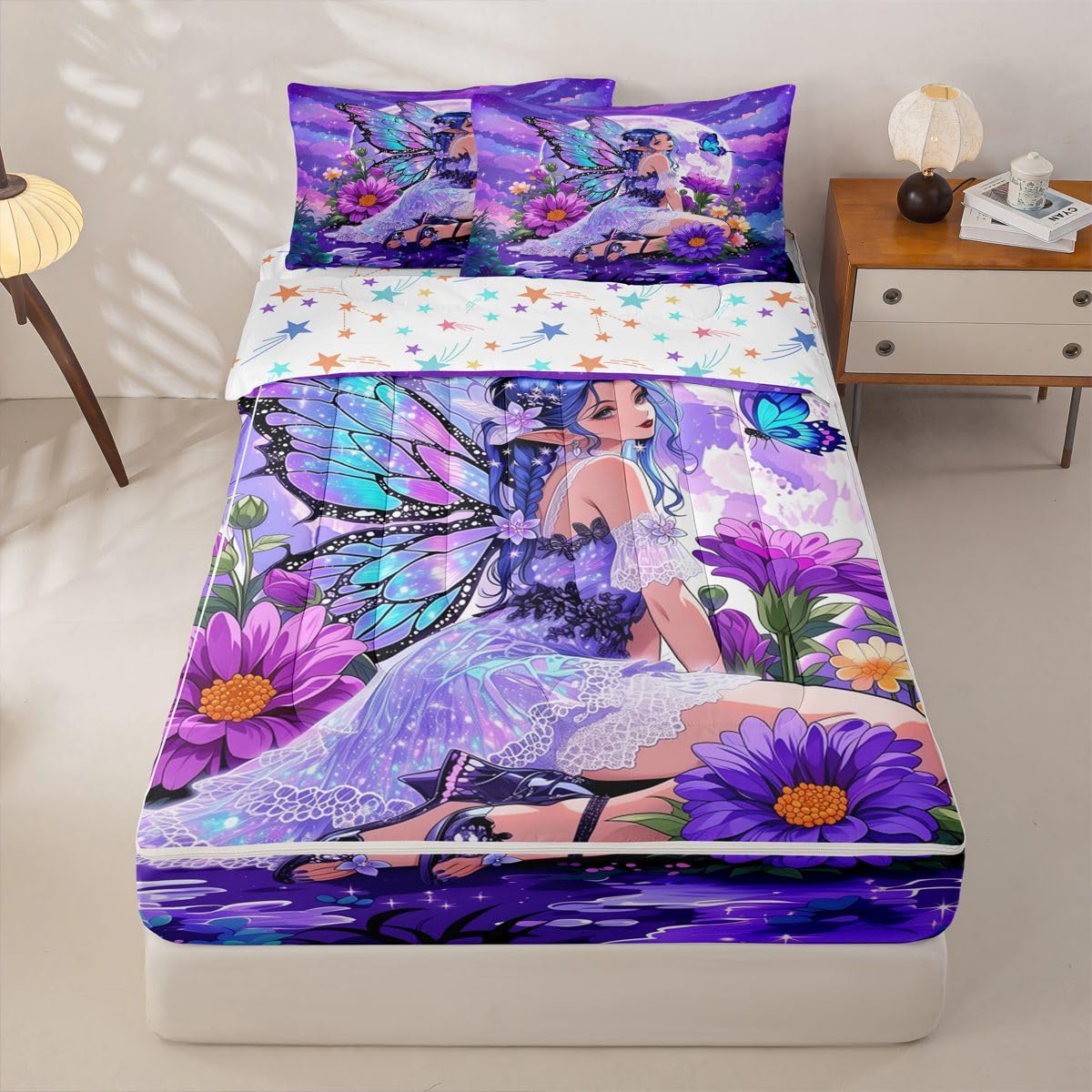 Erosebridal Floral Girly Zip Up Bedding Comforter Sets Twin Size, Butterfly Anime Girl Comforter in One Zipper - Romance Flowers Bedding Set with Pillowcases