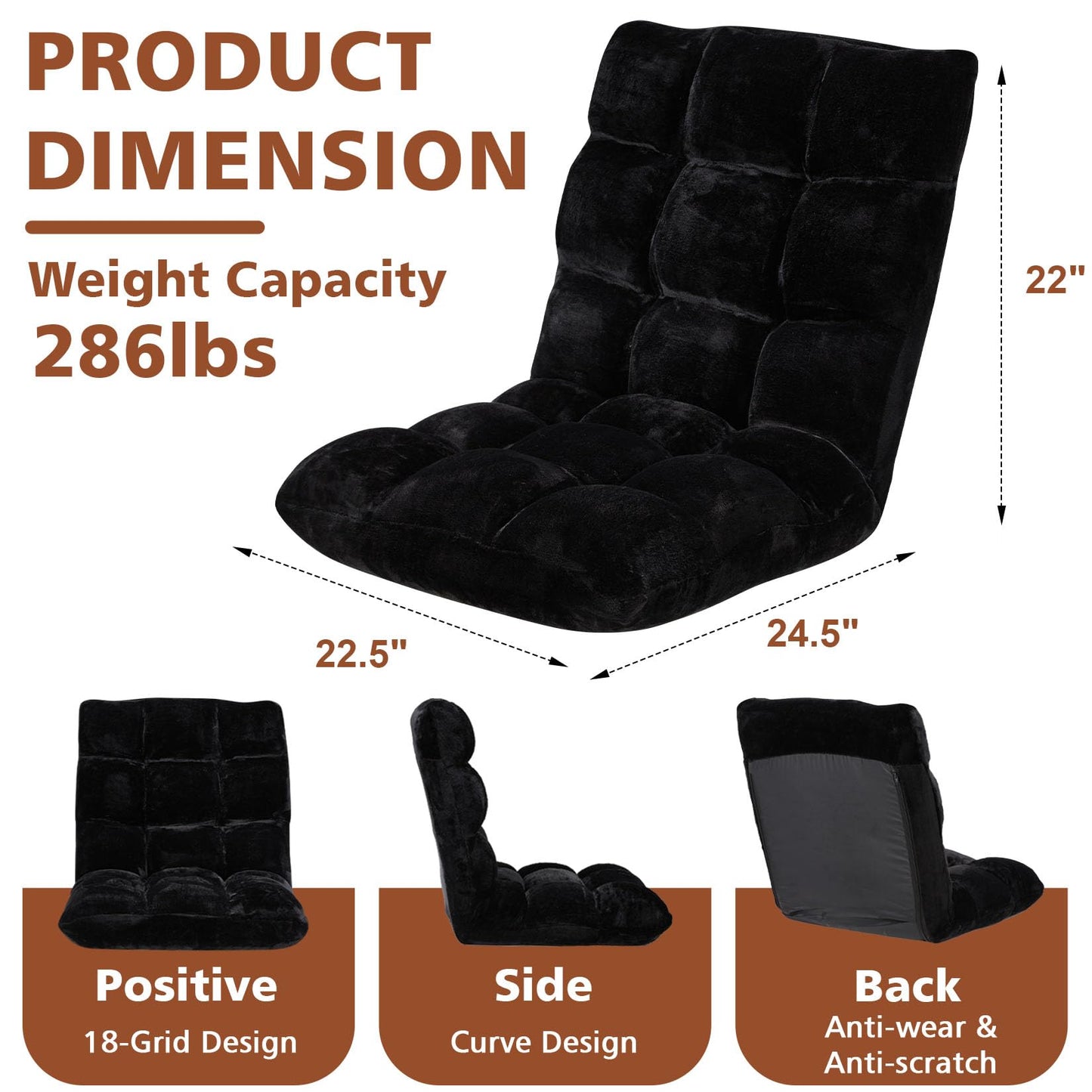 Buymoth Floor Chair 14 Adjustable Positions w/Back Support, Padded Lazy Sofa w/Breathable Cotton & Skin-Friendly Coral Velve for Reading Meditating Gaming,Black