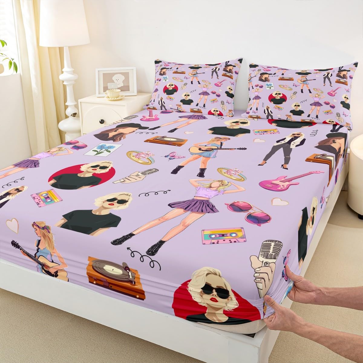 jejeloiu Music Bedding Set Full Size Girls Singer Bed Cover Gifts for Women Music Lovers Girly Guitar Bed Sheets Coworker Sister Friends Deep Pocket Fitted Sheet Purple Room Decor (No Top Sheet)