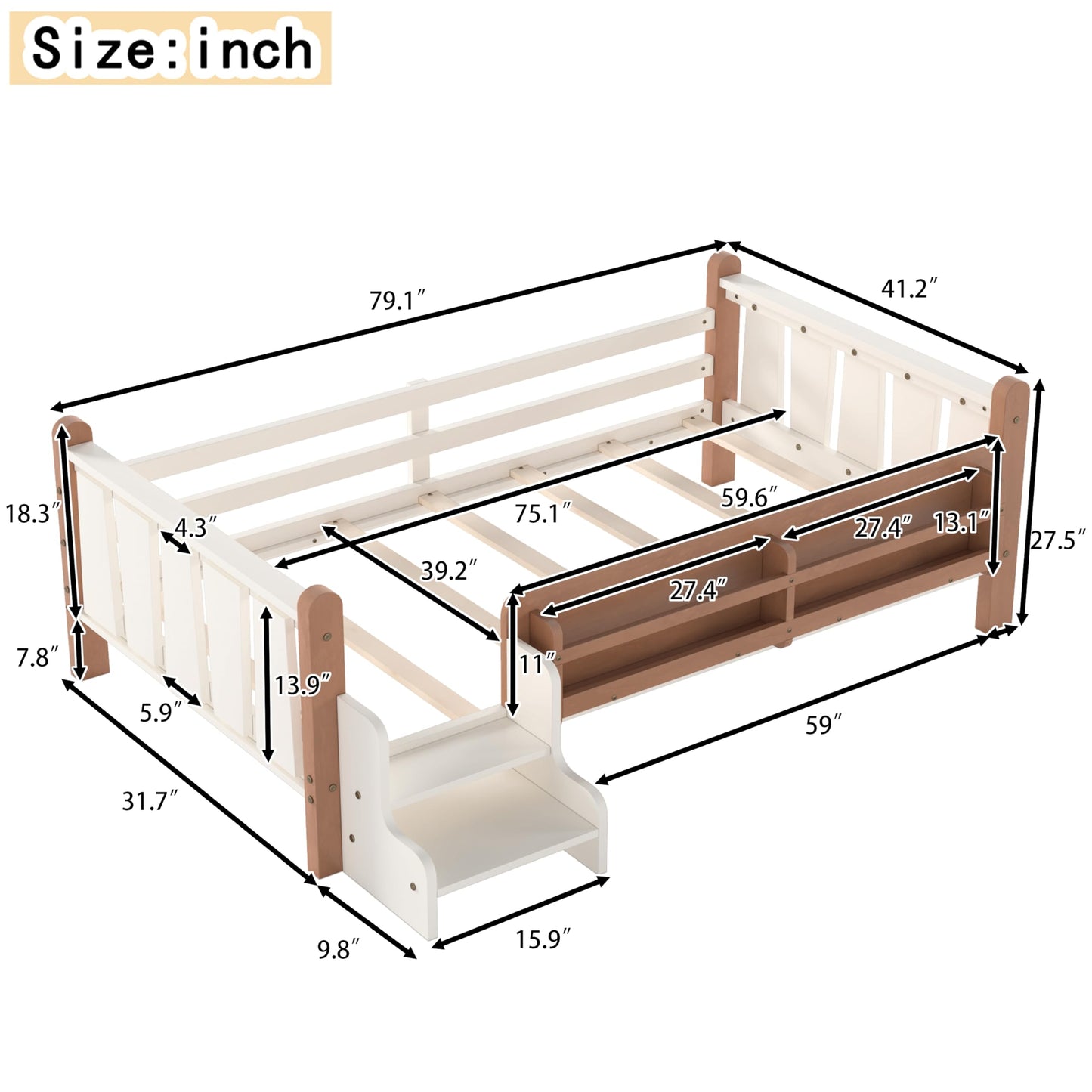 LUMISOL Twin Size Montessori Bed with Storage, Kids Low Bed Frame with Storage and Stairs, Wood Twin Size Platform Bed with Guardrail and Shelves, Beige