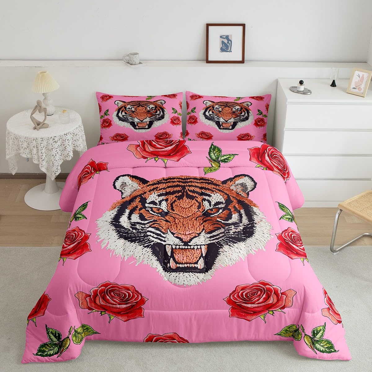 Erosebridal Tiger Comforter Set Twin Size Kawaii Wildlife Bedding Set for Kids Girls BoysSafari Jungle Animal Comforter Pink Roses Flowers Quilt Bedroom Decor