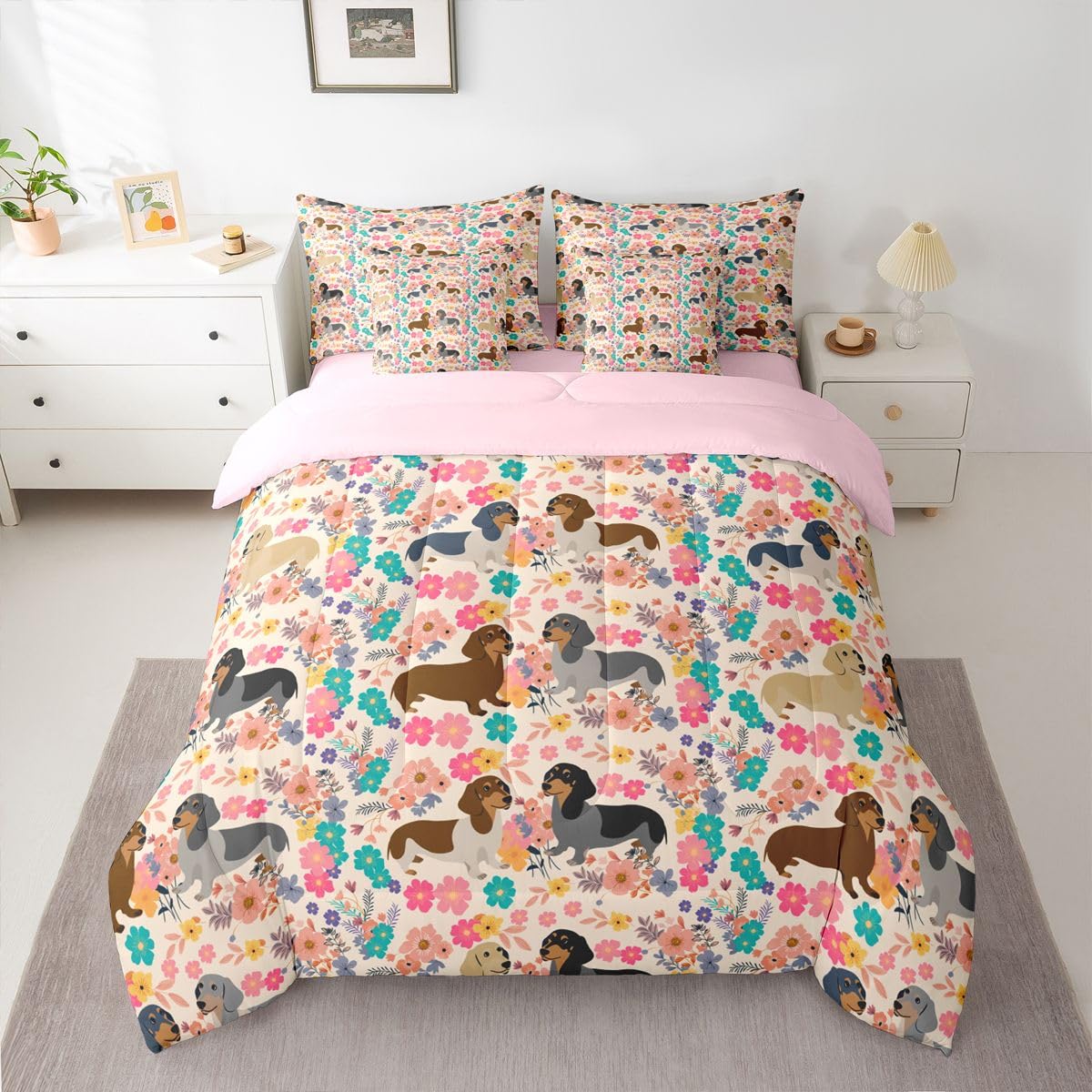 Dachshund Decor Pink Floral Queen Comforter Set with Sheets | Dachshund Gifts for Women Puppy 7 Piece Bedding Set Lovely Pup Dog Flowers Bed in a Bag, Dog Lover Cute Pet Doggy Animal Room Decor