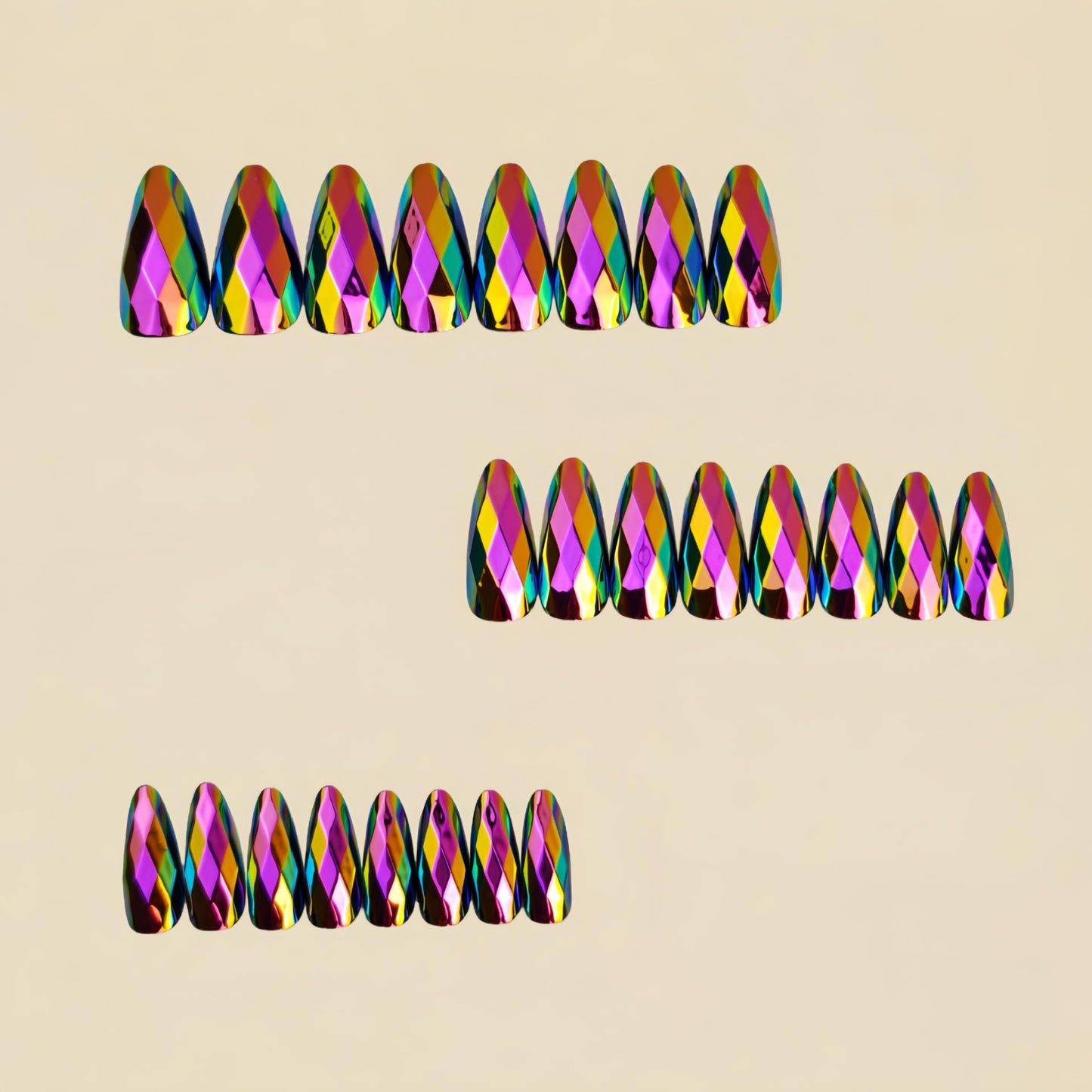 RUOKEXIN Medium Length Press on Nails Almond Fake Nails Multicolor Chrome False Nails with 3D Rhombus Designs Chrome Nail Press ons Sparkly Artificial Nails for Women 24Pcs