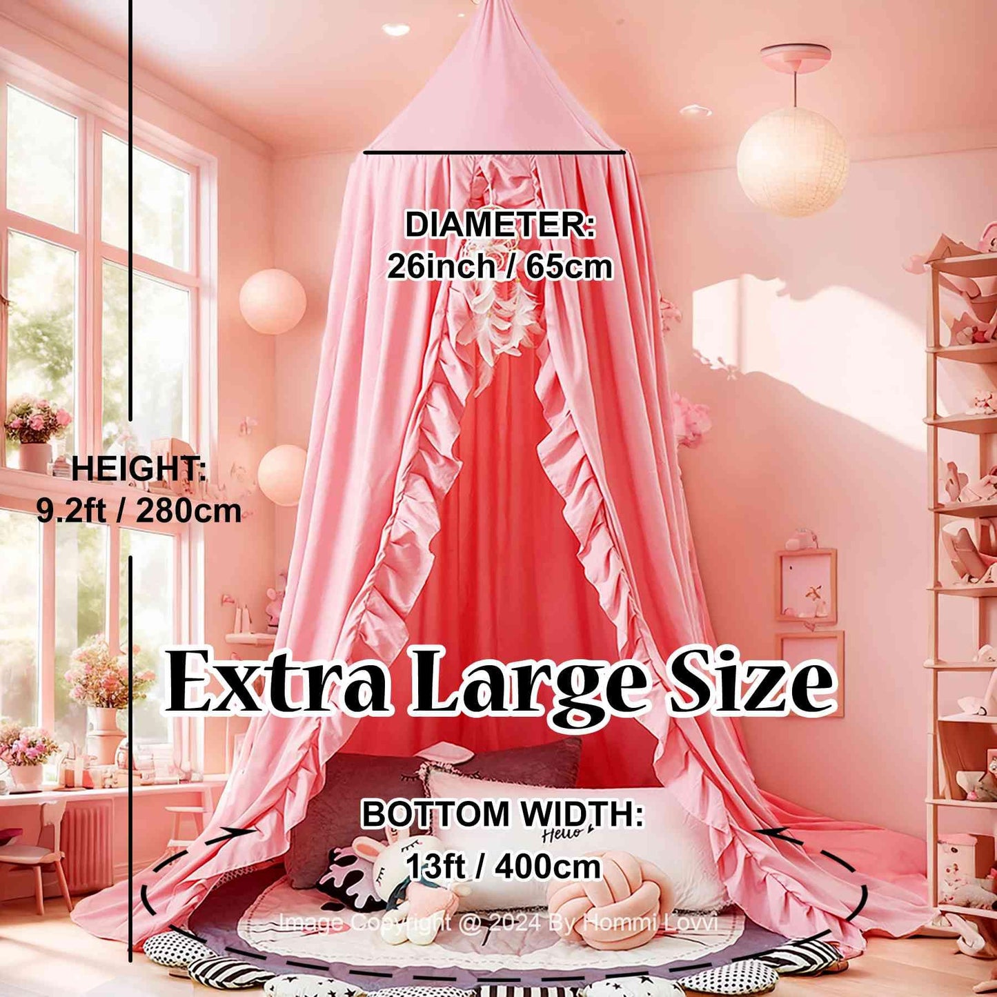 Hommi Lovvi Kids Bed Canopy, Dreamy Frills Canopy for Girls Bedroom Soft Ceiling Hanging Decoration Princess Canopy Net Reading Nook, Extra Large Full Size Bed Canopies with Light - Pink