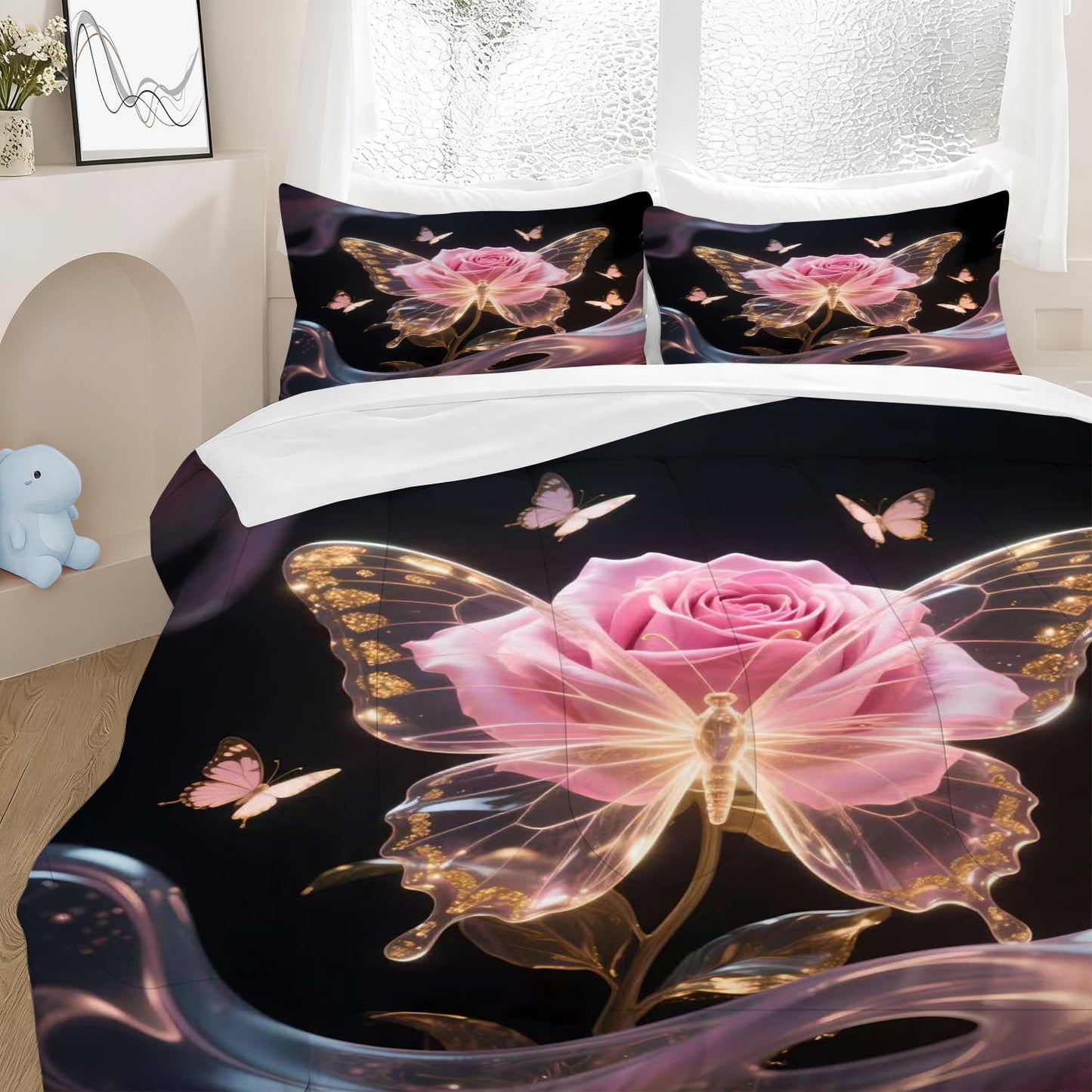 CERYUEE Butterfly Bedding Set Butterfly Twin Comforter Set for Girls Kids Woman 3D Pink Rose Flower Quilt for Bedroom Decor Black Cute Bedding 1 Comforter + 1 Pillow Case