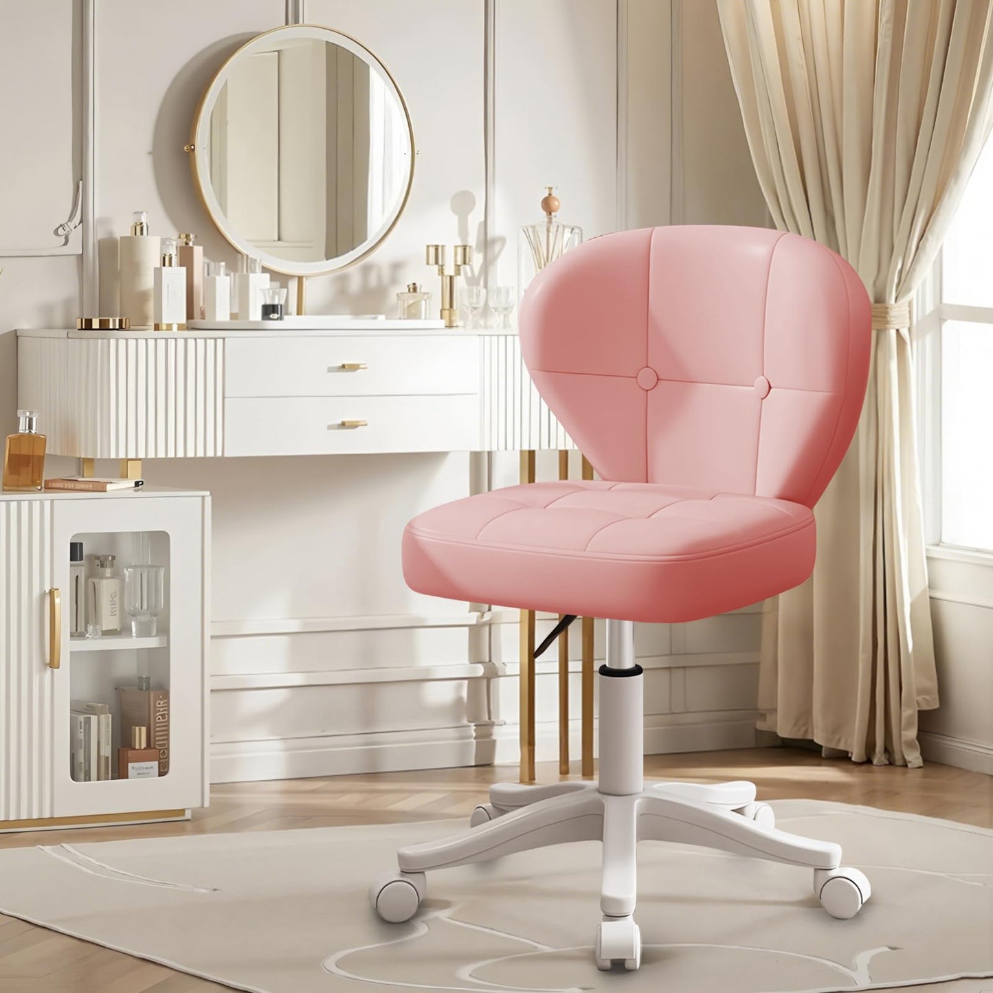 Timbertouch Small Office Chair with Lumbar Support, PU Leather Armless Swivel Desk Chair Adjustable Height, Compact Rolling Chair for Home Office, Bedroom, Study （Pink）
