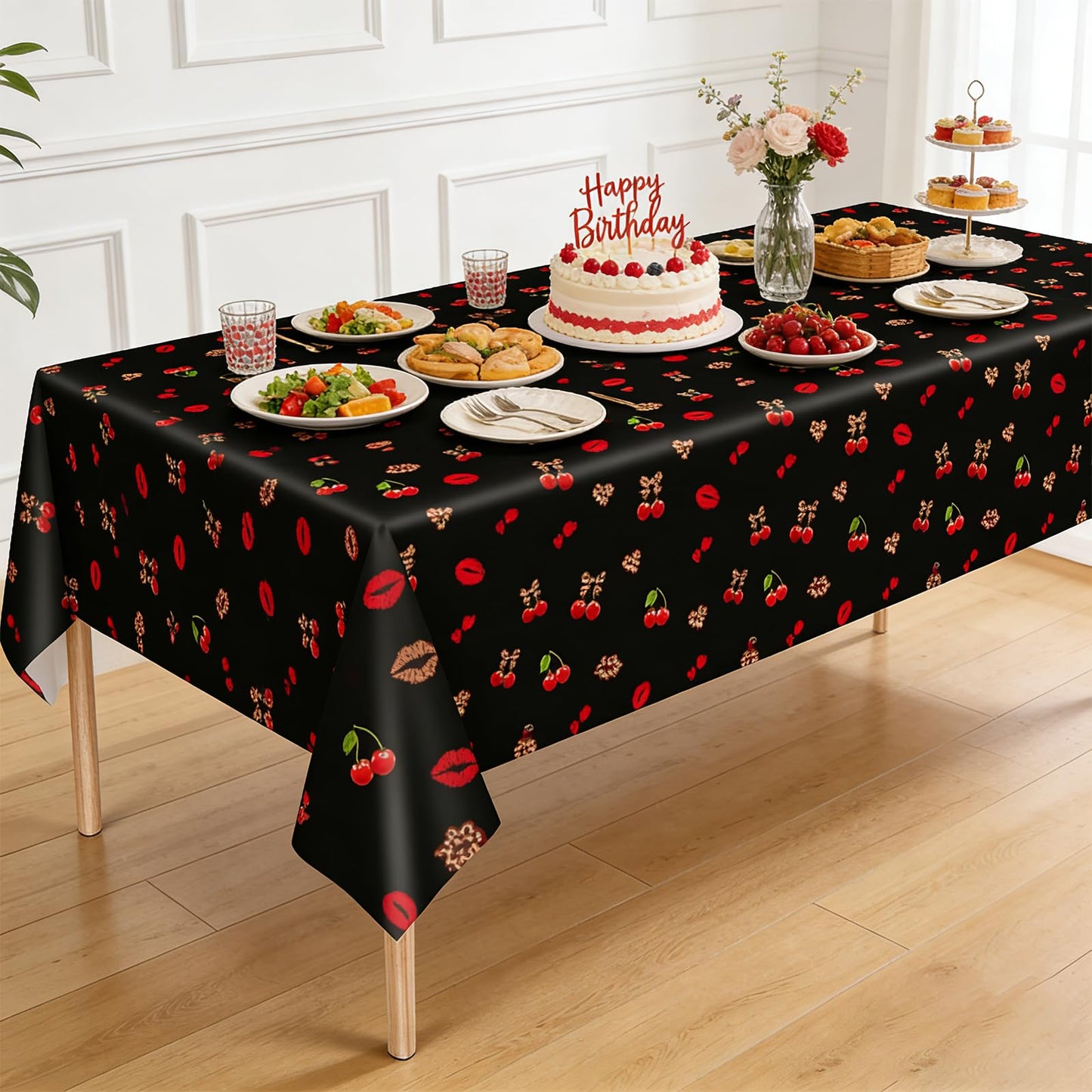 SMLAMANCA Cheetah and Cherry Tablecloths, 54 x 108 Red and Black Leopard Print Party Tablecloth Disposable Plastic Table Cover for Bridal Shower Girls Birthday Party Supplies (3)