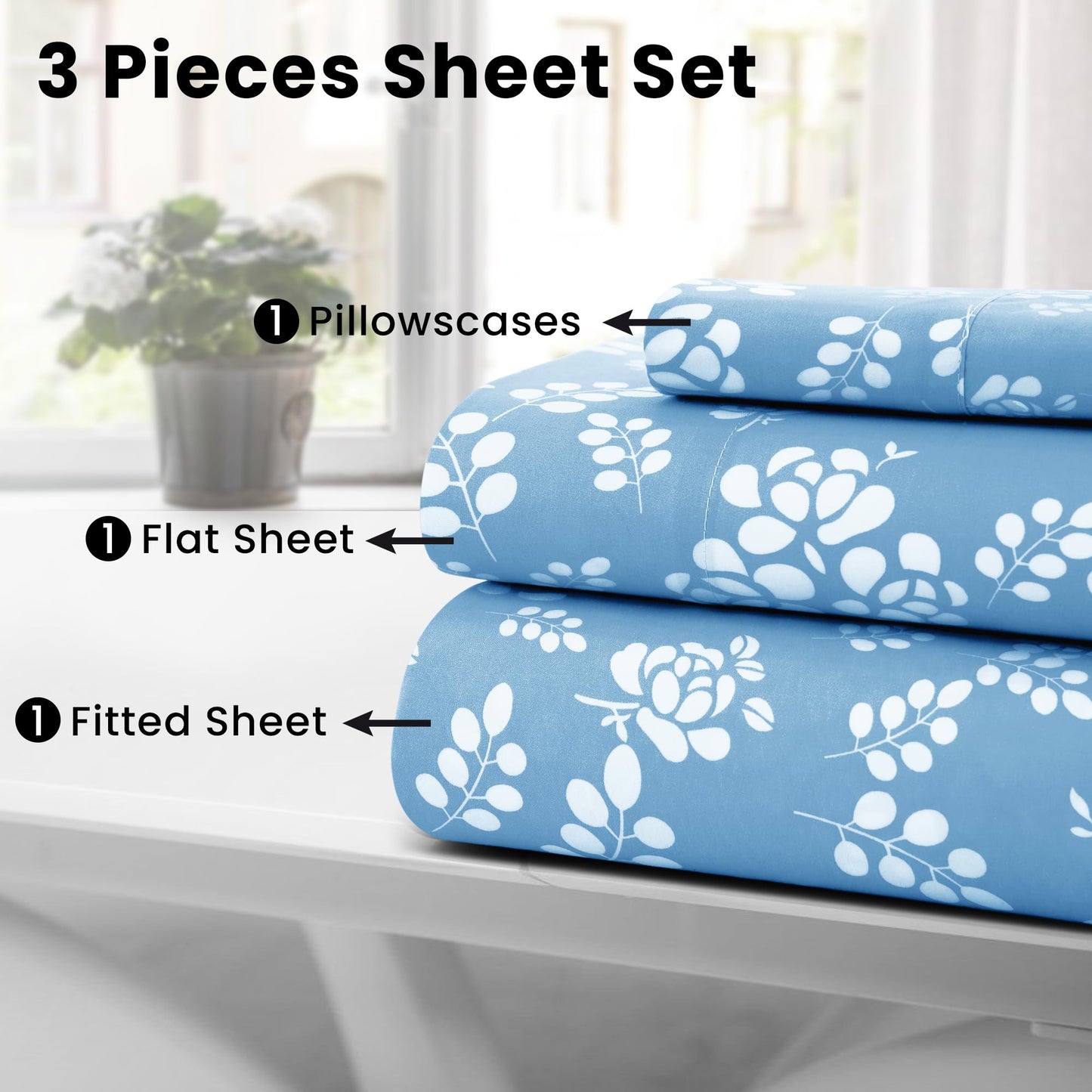 LUX Décor Floral Twin Sheet Set - 3 Piece Ultra-Soft Microfiber Bed Sheets with Flat Sheet, 16 Inches Deep Pocket Fitted Sheet & Pillowcases, Breathable, Bedroom Decor, Oeko-TEX - Blue