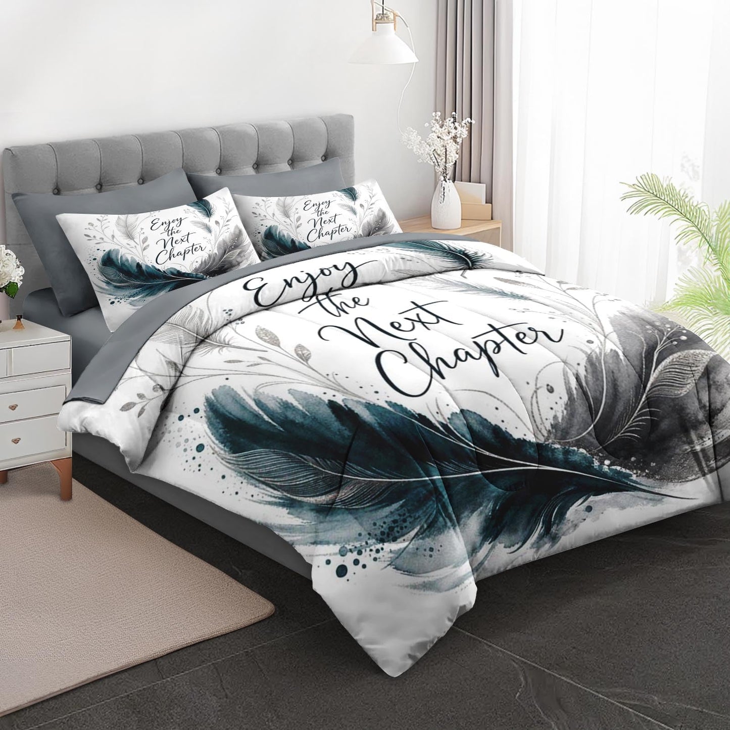 Boewywh Comforter Set Twin Size Feather Retirement Graduation 7 Pcs, Bedding for Kids and Adults, Boho Teal Bed Sheet Sets with Fitted Sheet 2 Pillowcases & 2 Shams for Bedroom Bed Decor