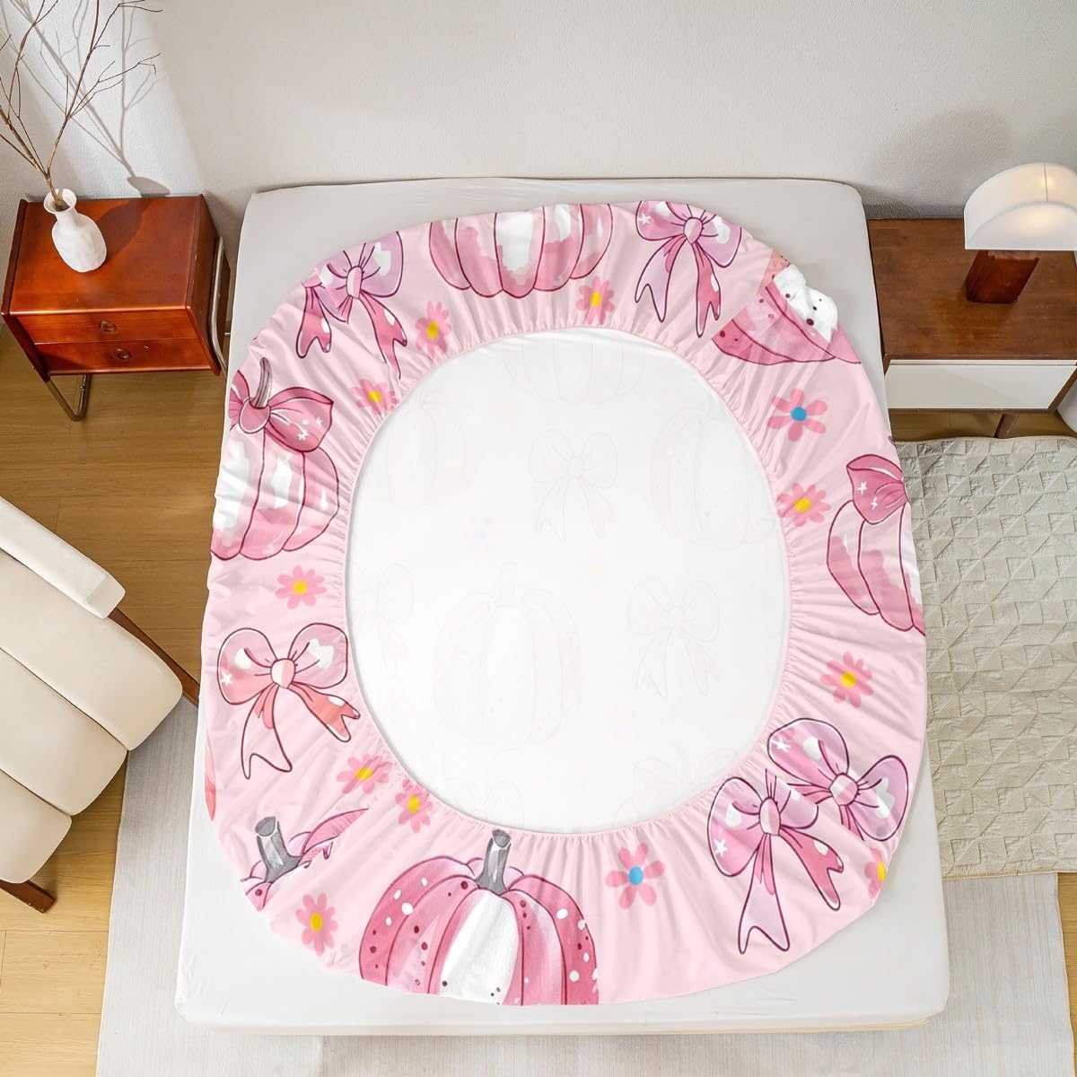 Feelyou Halloween Theme Bed Sheets Set Full Size Pumpkin Lantern Deep Pocket Fitted Sheet Pink Bow Bedding Sets Cute Floral Soft Bed Set 4Pcs with 2 Pillow Cases