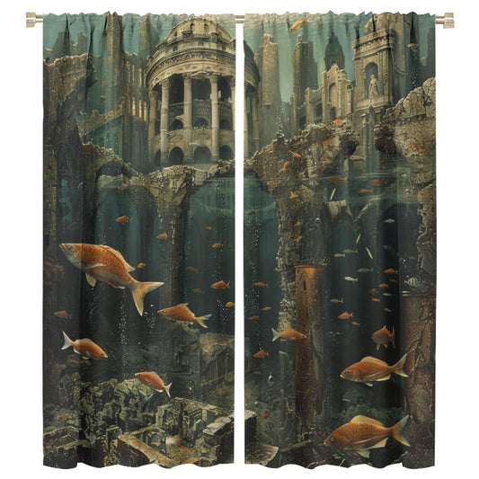 TOWINSFB Ocean Fish Retro Building Blackout Curtains, Underwater Fish Ancient Castle Home Decor Rod Pocket Window Drapes for Living Room Bedroom - 42" W x 45" L
