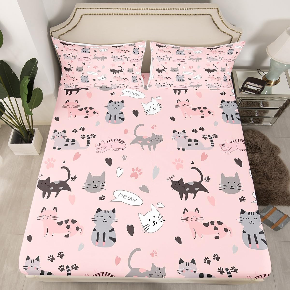 Erosebridal Kawaii Toddler Bed Sheet,Cartoon Cat Sheet Set for Kids Boys Girls Teenager,Kawaii Kitten Paw Print Heart Bed Sets,Queen with 2 Pillowcases