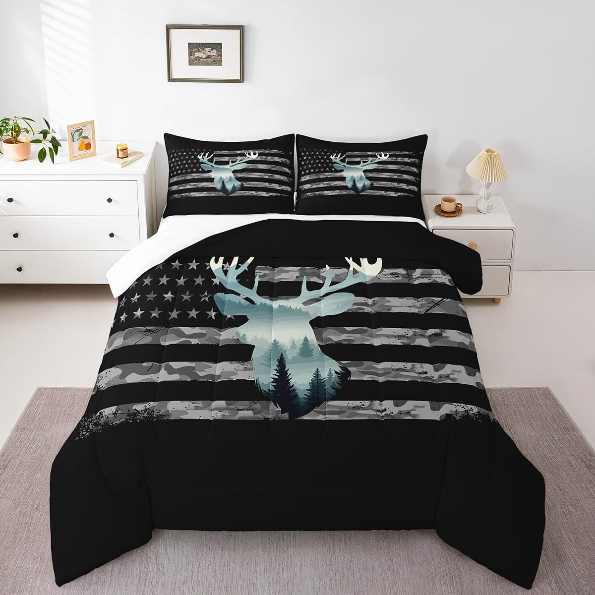 Feelyou Camo Hunting Bedding Set - Twin Size, Forest Smoky Deer Comforter, American Flag Duvet Set with 1 Pillow Case