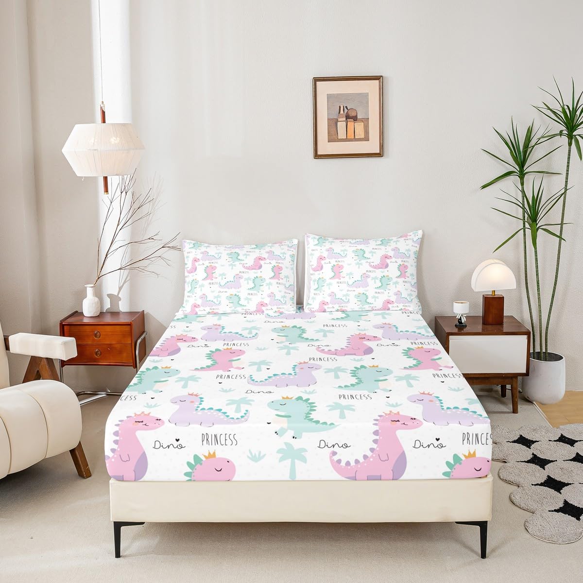 Dinosaur Fitted Sheet Pink Purple Dinos Bedding Set For Kids Girls Cartoon Bed Cover Jungle Safari Lovely Cute Animals Bed Sets Child Kawaii Room Decor With 1 Pillow Case Twin Size No Top Flat Sheet
