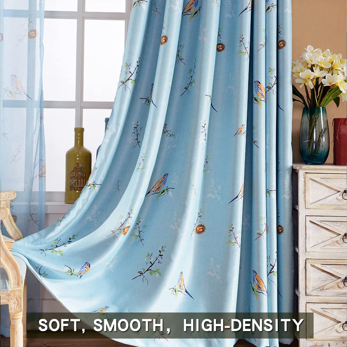 SUOUO Double Sided Patterned Birds Blackout Curtains 84 Inch 2 Panels Rustic Farmhouse Vintage Country Window Drapes for Bedroom Living Room Blue and Khaki