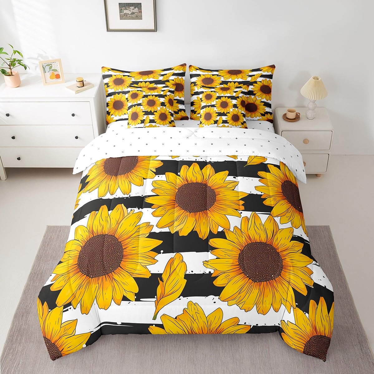 Erosebridal Sunflower 7 Piece Comforter Set Full Bed in a Bag,Yellow Flowers Bedding Sets Black and White Striped Sheet Set with Comforter