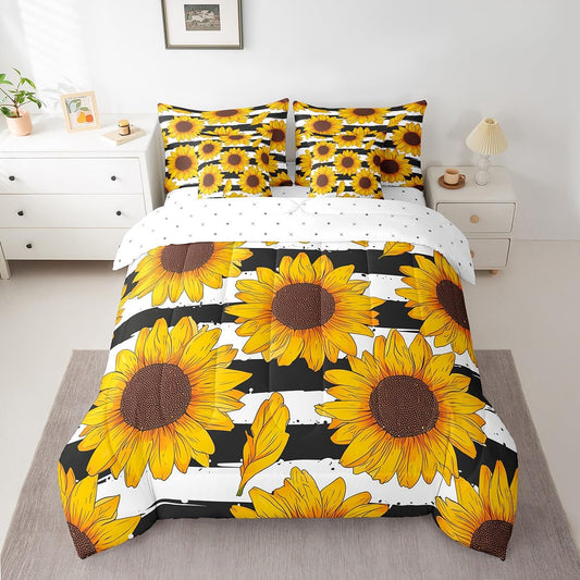 Erosebridal Sunflower 7 Piece Comforter Set Full Bed in a Bag,Yellow Flowers Bedding Sets Black and White Striped Sheet Set with Comforter