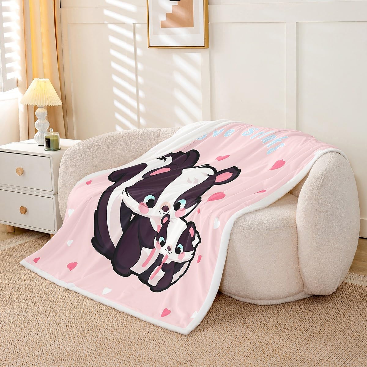 Erosebridal Cartoon Skunk Sherpa Blankets Pink Kawaii Princess Girls Throw 50"X60" Throw Bed Blanket Cute Animal Skunk Fleece Blankets Woodland Wildlife Fuzzy Blanket for Kids Teen Women