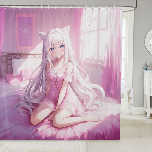 Erosebridal Japanese Anime Fabric Shower Curtain,Anime Girl Bathroom Accessories 72" W X 72" L Kawaii Japanese Style Shower Curtain Cartoon Japan Animation Waterproof Decor for Kids Boys Women