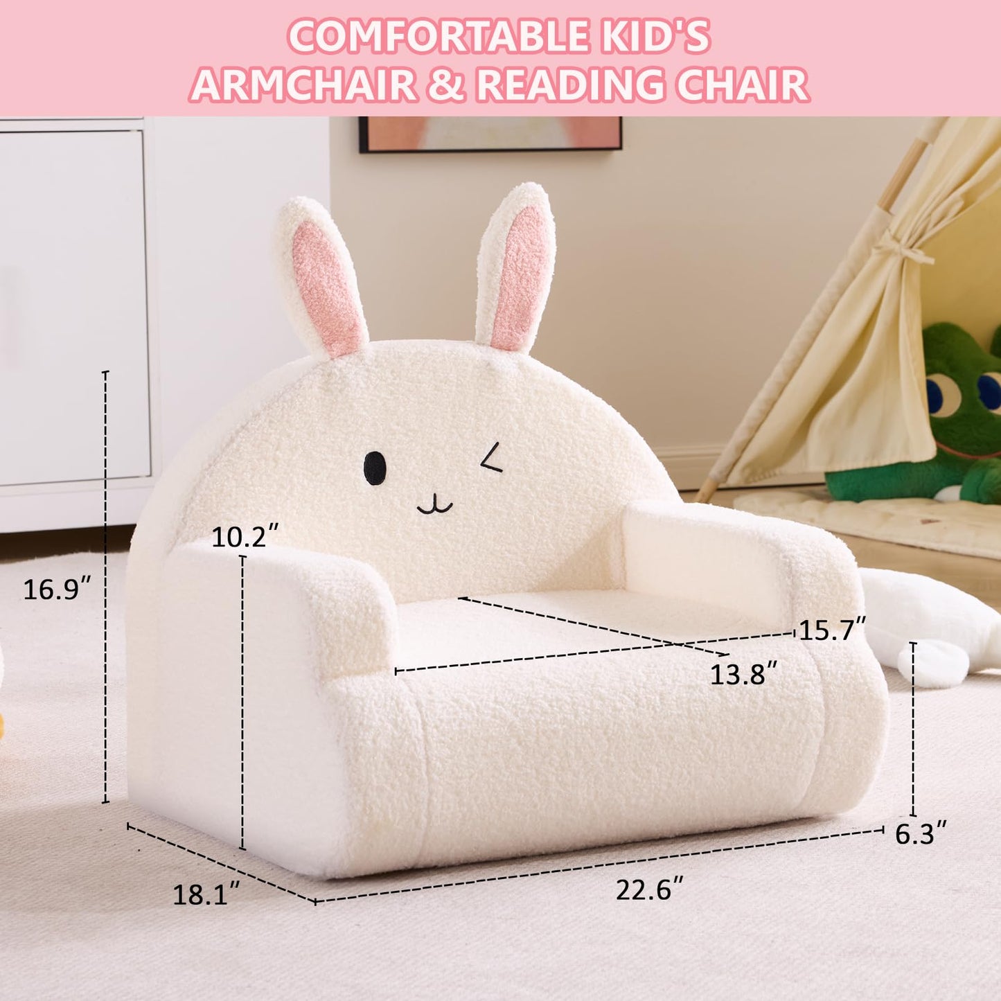 Karl home Toddler Chair Comfy, Toddler Reading Chair, Cute Animal Series Kid's Chair, Foam Kids Sofa with Soft Teddy Plush, Outdoor Furniture for Backyard Patio Garden Playroom Preschool, White Bunny