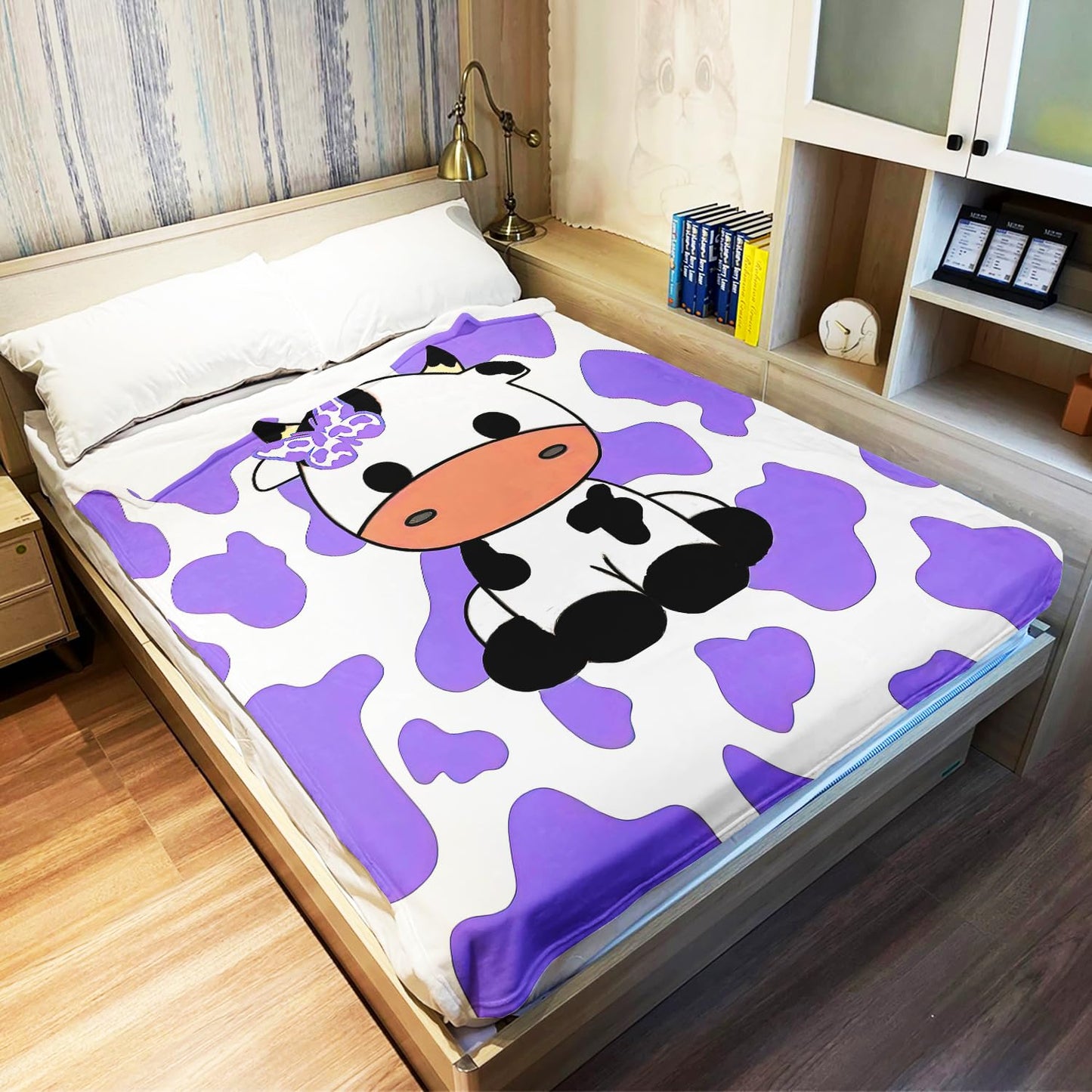 OHTMTHO Cute Cartoon Cow Throw Blanket, Soft Warm Cozy Fleece Blanket for Couch Bed, 60" x 80", Purple