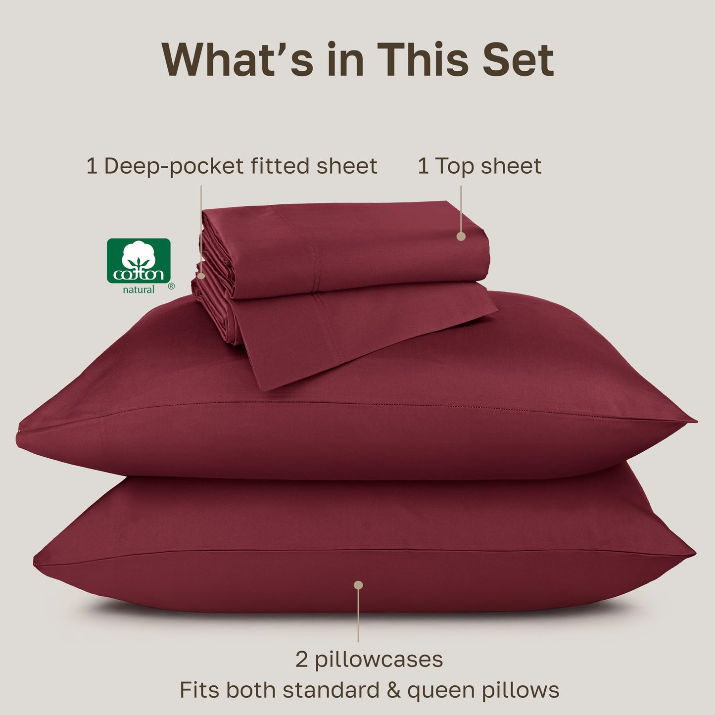 California Design Den Natural 100% Cotton Sheets Queen Size Bed Set Deep Pockets - Luxury Hotel 800 Thread Count, Soft Sateen Cotton Bed Sheets Queen, Durable Bedding Set - Red Wine