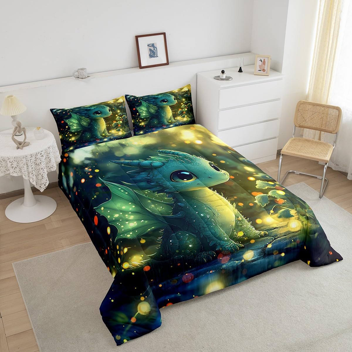 Feelyou Dragon Comforter Set Twin Size Dragon Stuff Comforter for Boys Girls Teens Kawaii Bedding Set Room Decor Bright Green Quilt Set