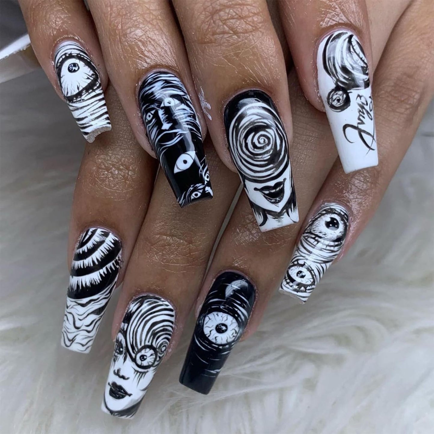 IMSOHOT Press on Nails Long Coffin Fake Nails Black White Artificial Glue on Nails Full Cover Glossy Stick on False Nails for Women Girls 24Pcs
