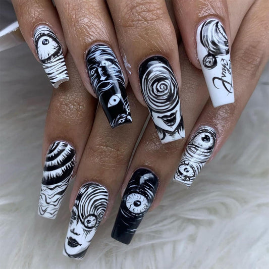 IMSOHOT Press on Nails Long Coffin Fake Nails Black White Artificial Glue on Nails Full Cover Glossy Stick on False Nails for Women Girls 24Pcs