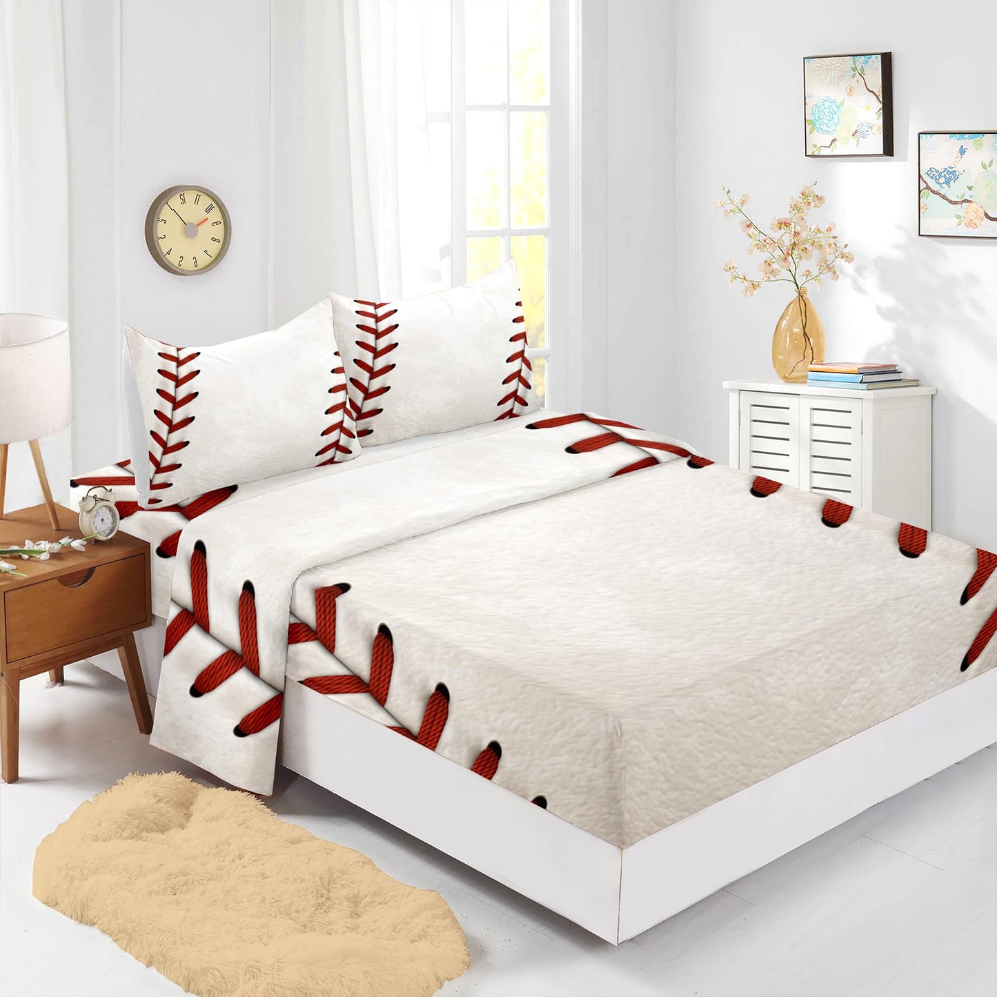 Nttopship Baseball 4 Pieces Bed Sheet Sets Full Size Baseball Bedding Sets with 16" Deep Pockets Sports Bedroom Decor,Bedding Set 4 PCS(1 Fitted+1 Flat+2 Pillowcases)