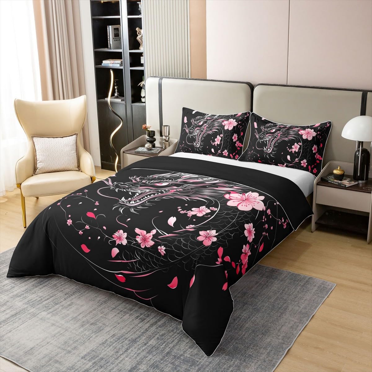 Erosebridal Sakura Dragon Comforter Cover Twin Size 100% Cotton for Girls,Exotic Dragon Duvet Cover for Kids Boys Teen,Magical Animal Black Bedding Set Pink Cherry Blossom Japanese Style Bed Set