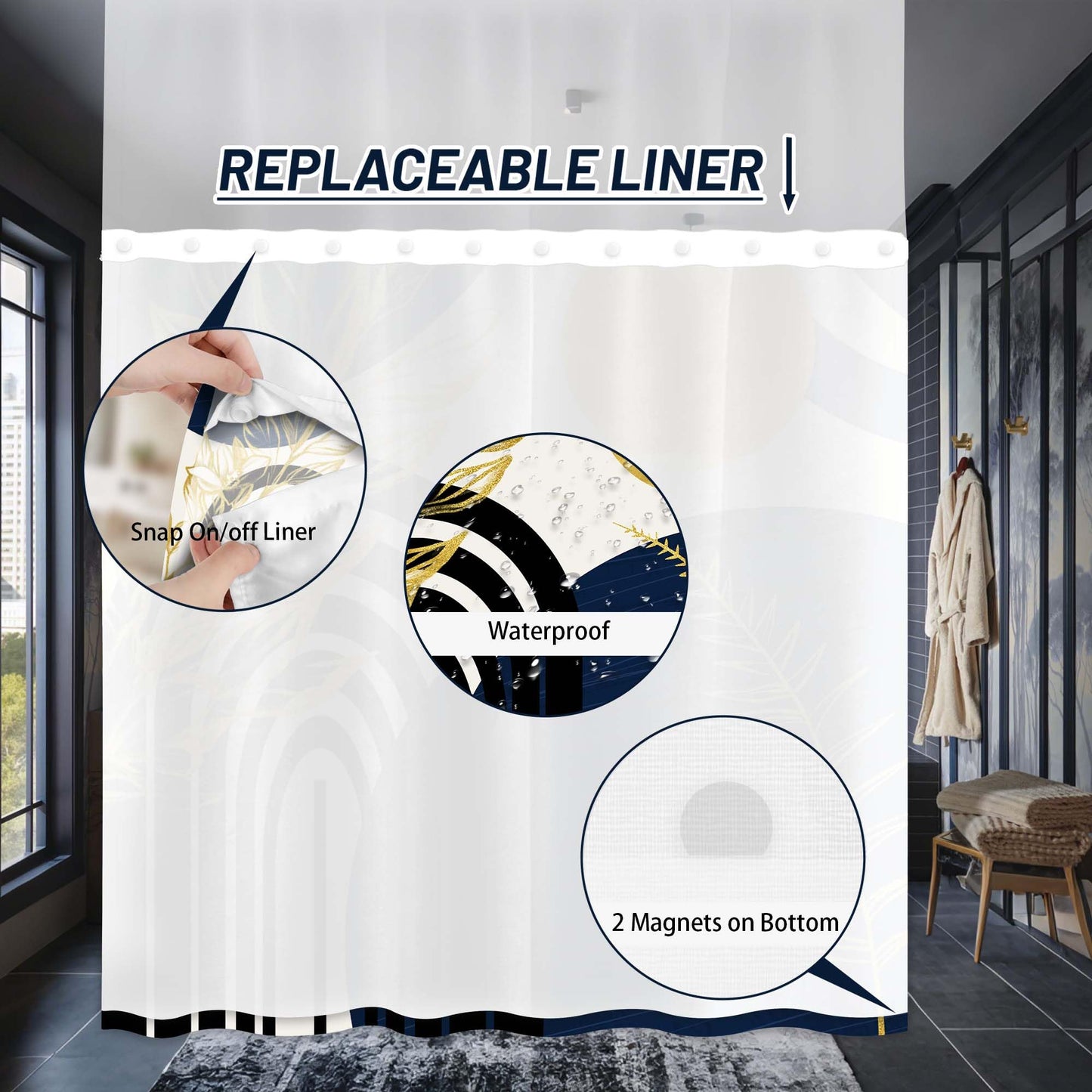 Yieldeer Navy Blue Hookless Shower Curtain, Snap-in Liner,71" W x 74" L