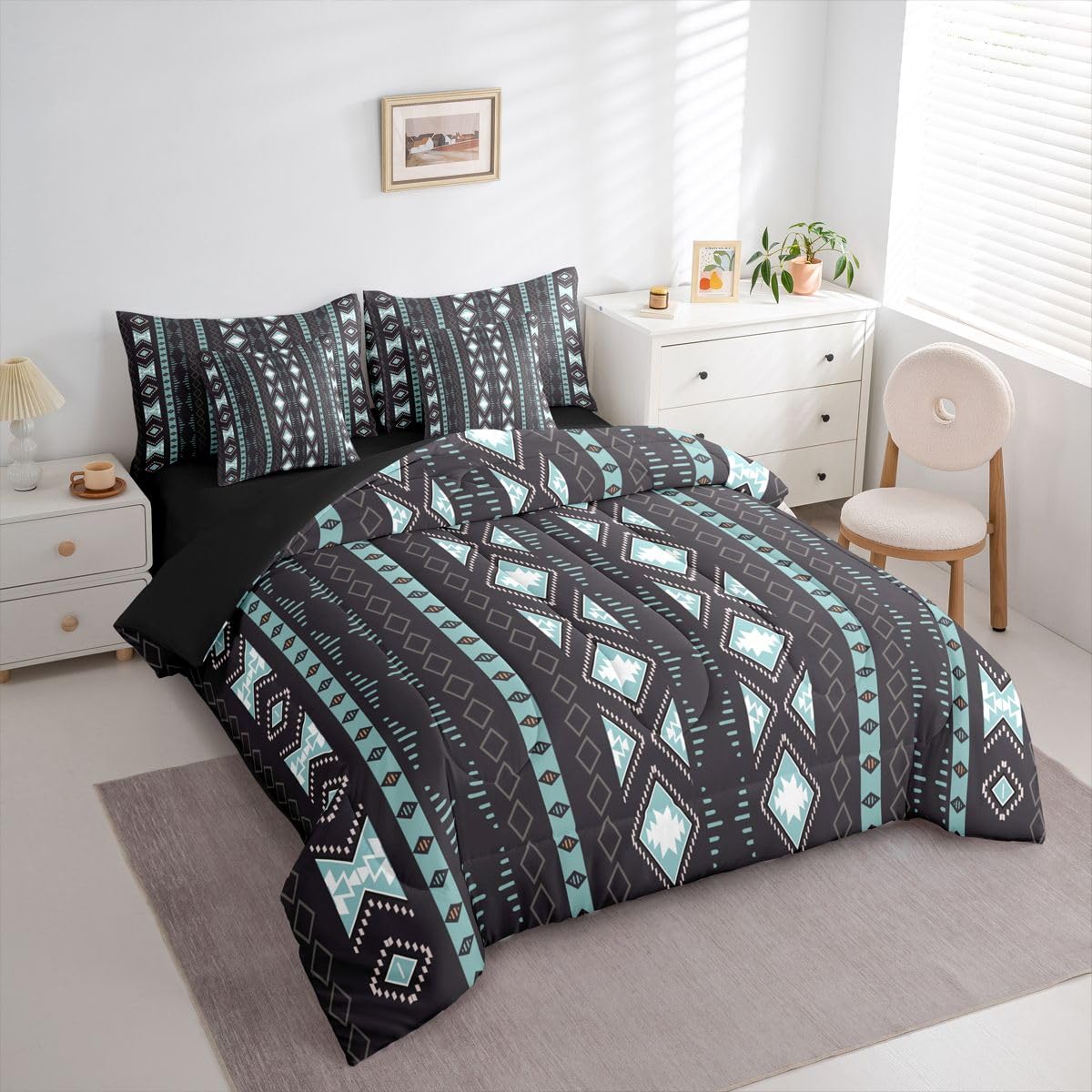Bohemian Bed in a Bag Queen Comforter Set 7-Piece Boho Striped Aztec Bedding Sets Geometric Triangle Western Comforter and Sheet Set, Country Rustic Bed Sets Exotic Nordic Southwestern Decor,Black