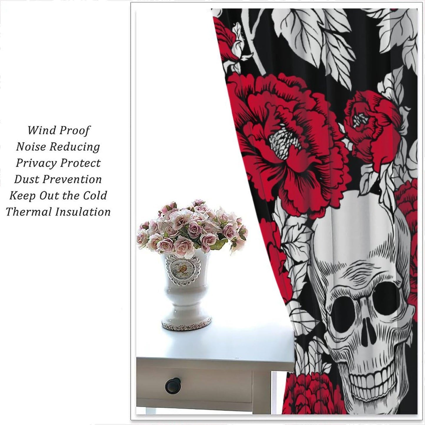 HZOHNAGO Gothic Curtains Skull Red Floral Pattern Blackout Print Rod Pocket Window Drapes for Bedroom Living Room 42x45in