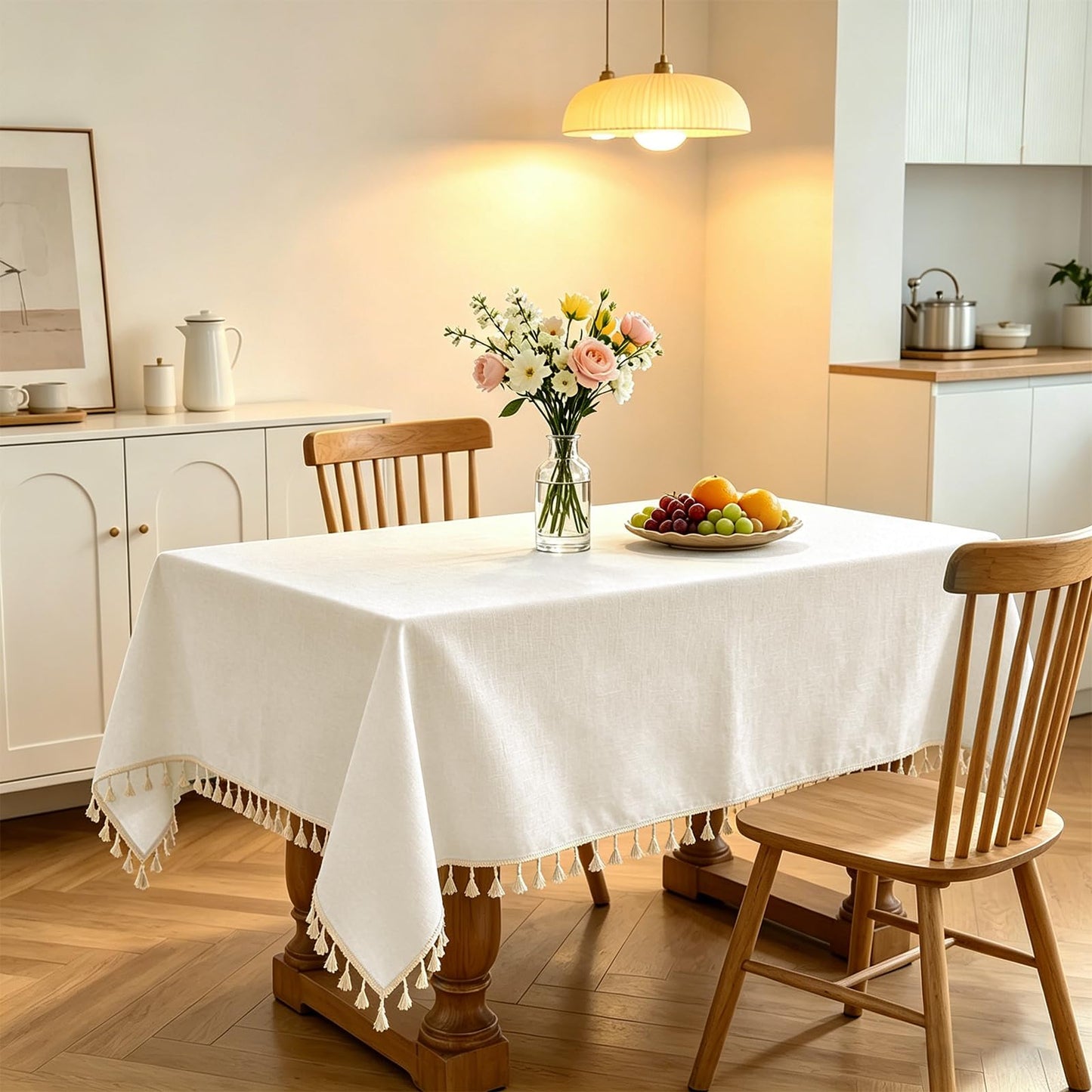 Alsoo Table Cloth Rectangle Table Heavy Duty Cotton Linen Texture Tablecloth Farmhouse Waterproof Wrinkle Free Tables Cover with Tassel for Kitchen Dining Holiday Party, Ivory, 55" x 75"