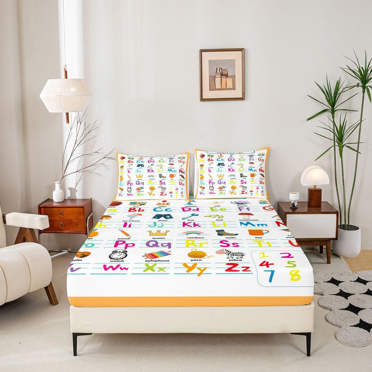 ABC Alphabet Bed Sheet Set Twin Size, Cute Educational Learning Tool Fitted Sheet for Kids Toddler Cartoon Animal Bedding Set Learning Educational Bed Cover Lightweight Bed Set (No Flat Sheet)