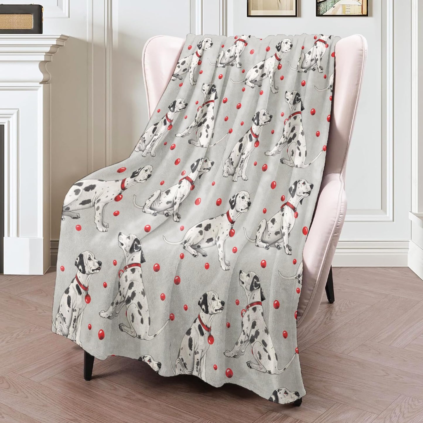ICAAV Dalmatian Dog Blanket 50×60 Inch,Cute Cartoon Puppy Lightweight Flannel Throw with Red Collar and Polka Dot Ball Design, Soft Animal Lover Decor,Gifts for Girls,Women,Kids