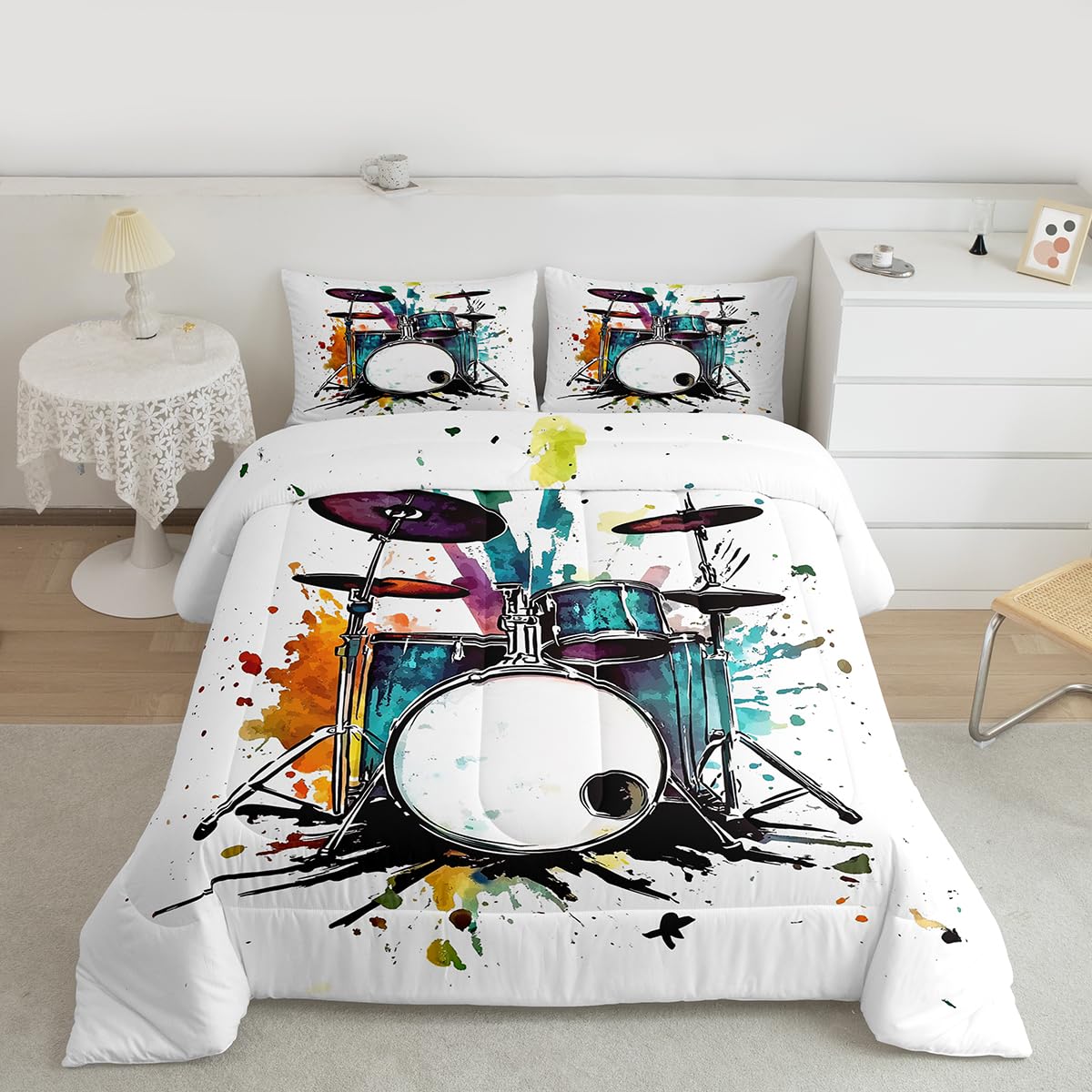 Erosebridal Drum Kit Kids Comforter Sets Rock Music Instrument Queen Bedding Set for Boys Girls Watercolor Drum Kit Comforter Set,Music Theme Quilt Duvet 3 Pcs