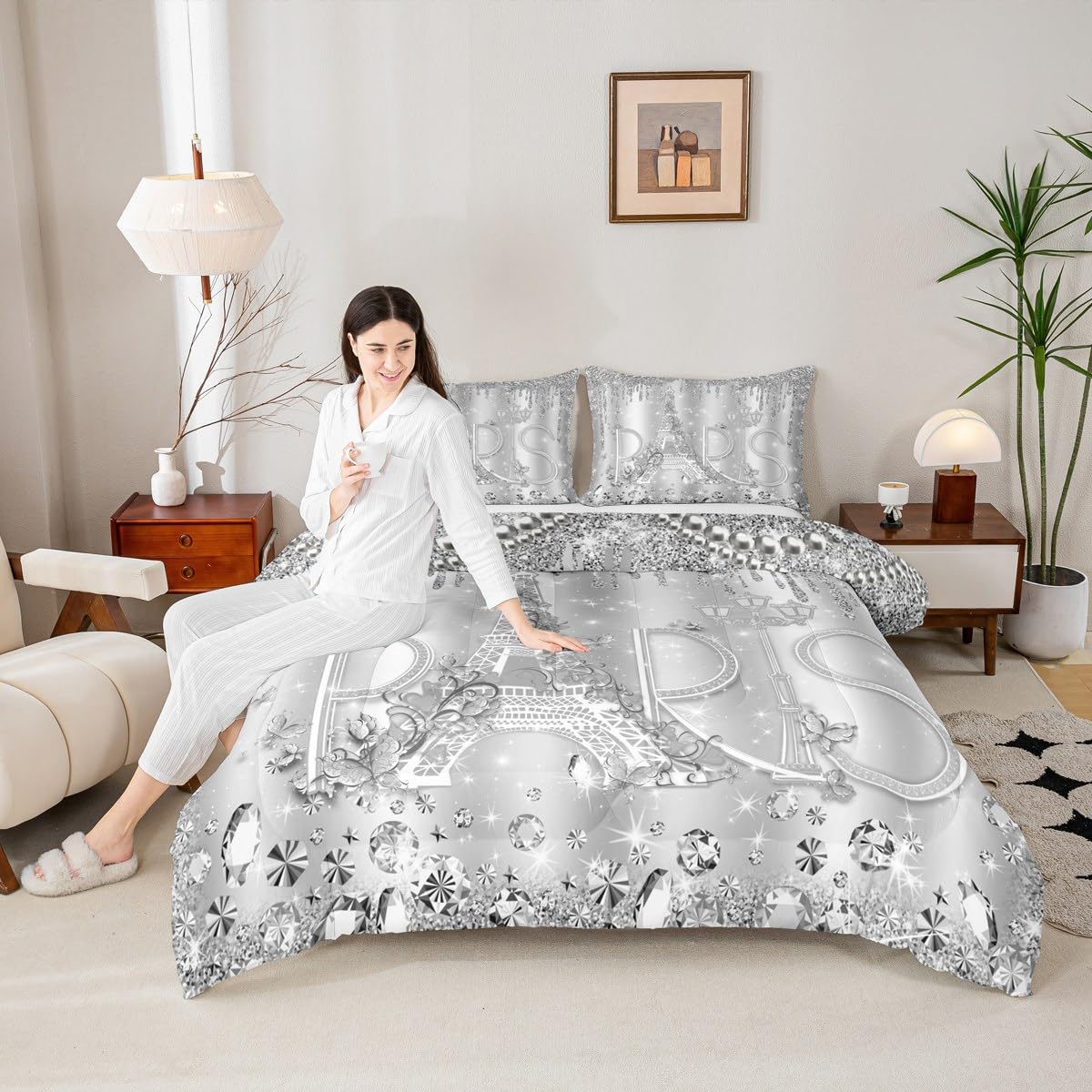 Paris Comforter Set Queen Size Sliver Glitter Diamond Bedding Set 3pcs for Kids Girls Boys Women Room Decor,Romantic Eiffel Tower Quilted Duvet Luxury Pearls and Jewels Duvet Insert,2 Pillowcases