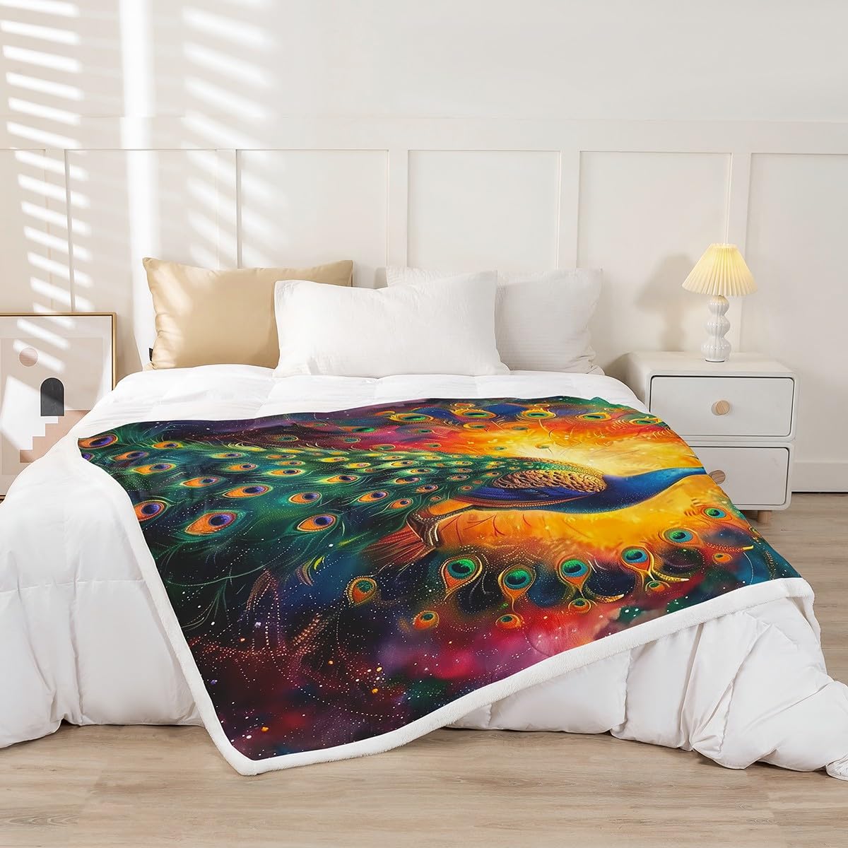 Erosebridal Peahen Fleece Blanket Watercolor Peacock Feather Sherpa Blanket 90"x90", Rustic Aesthetic Animal Jungle Woodland Animals Fuzzy Plush Throw