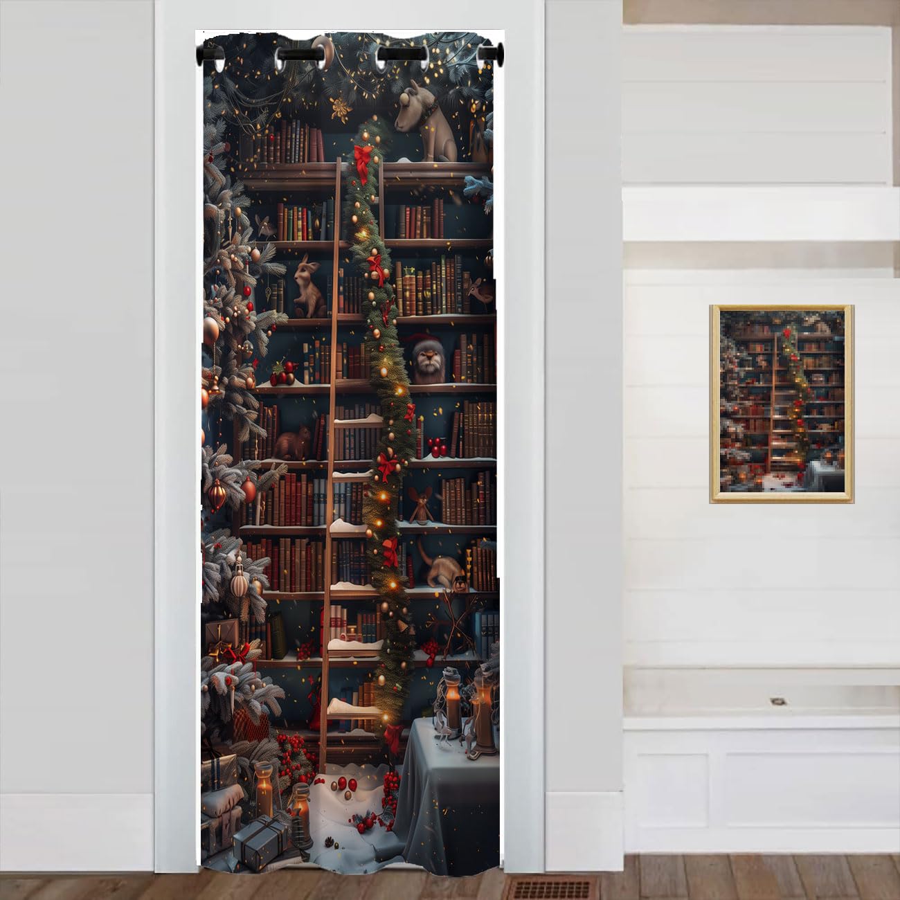 WUMINMIN Christmas Bookshelf Door Curtain for Doorway, Fantasy Library Books Room Darkening Curtain for Darkening Door Drape for Kid Teens Boys Teens, 1 Panel 34" W X 80" L
